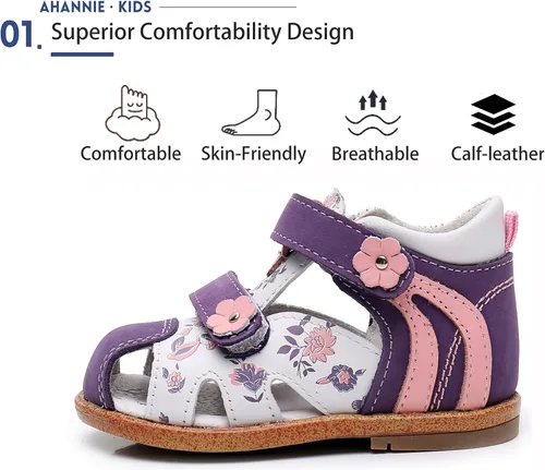Miniatura 2 de Ahannie Sandalias de cuero genuino para niños y niñas con soporte para el arco, unisex con puntera cerrada, zapatos de verano para primeros