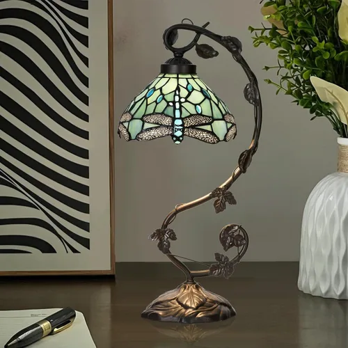 Miniatura 5 de TL0024 Lámpara estilo Tiffany azul mar con libélula, pantalla de vidrio emplomado y base de lámpara de mesa con diseño de vid para dormitorio, sala