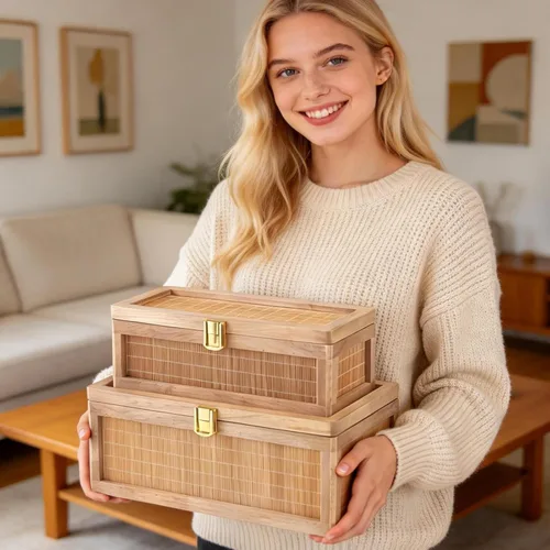 Miniatura 7 de Caja decorativa de bambú natural con tapas, juego de 2 cajas decorativas únicas, caja de recuerdos de boda bohemia, caja de memoria con tapa