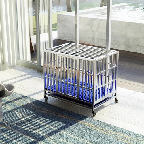 Miniatura 4 de Jaula plegable de acero inoxidable para perros, 30, 37, 42, 48 pulgadas, rueda con cerradura, con bandeja, apilable, resistente, divisor