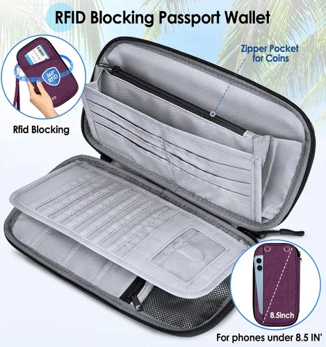 Miniatura 4 de BKNOOU Soporte para pasaporte familiar, organizador de documentos de viaje con correa cruzada para muñeca, cartera impermeable para pasaporte