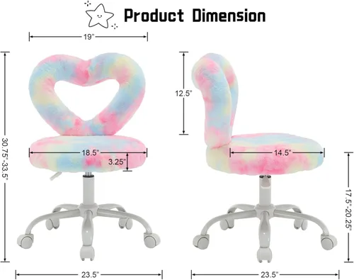 Miniatura 2 de HNY Silla de escritorio para niños con ruedas, bonita silla de tocador peluda con respaldo hueco en forma de corazón ajustable con ruedas