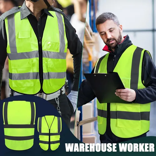 Miniatura 6 de Leumoi Paquete de 30 chalecos de seguridad reflectantes con bolsillos y cremallera de alta visibilidad para mujeres y hombres para el trabajo Verde