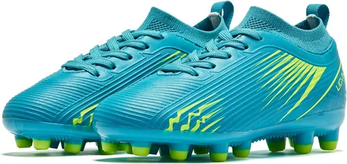 LIGVIV Boys Girls Soccer Cleats - Kids Dynamic Collar Football Shoes - Firm Ground Outdoor Green Blue