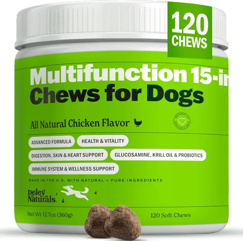 Deley Naturals Multivitamínico 15 en 1 para perros, vitaminas y suplementos completos para perros para apoyo inmunológico, articulaciones, piel,