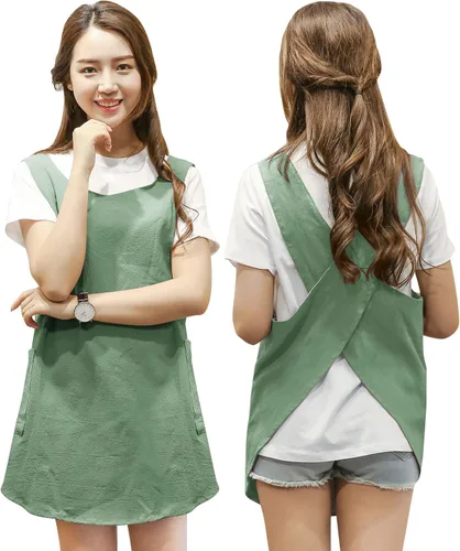 Miniatura 21 de Delantal de diseño acortado, delantal de lino de algodón suave estilo japonés con dos bolsillos laterales, delantal halter cruzado en X, ropa