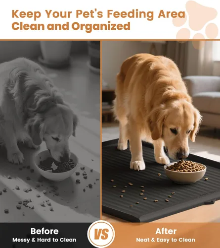 Miniatura 6 de Tapete de comida para perros de 36" x 24", tapete impermeable para alimentación de mascotas con ranuras de desviación y bordes elevados, tapete Negro