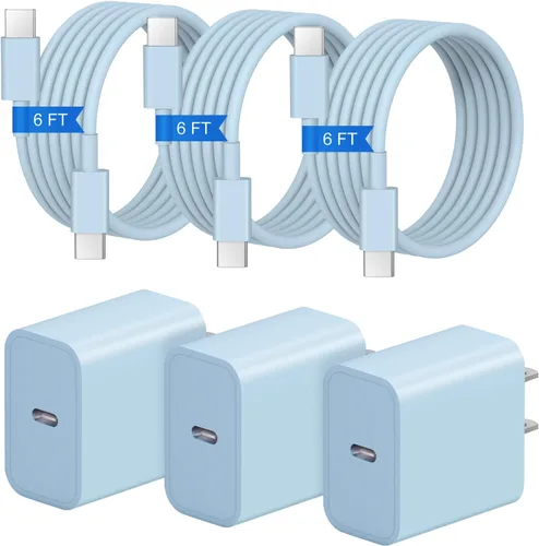Miniatura 14 de Cargador de carga rápida para iPhone 17, 16, 15, paquete de 3+3 cargadores de pared USB C de 20 W con cable de carga rápida de 6 pies compatible