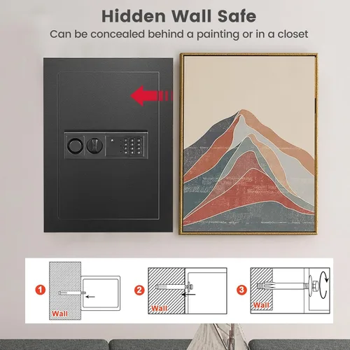 Miniatura 4 de S AFSTAR Caja fuerte de pared, caja de seguridad digital electrónica con teclado y 2 llaves de emergencia, estante extraíble y luces LED, caja
