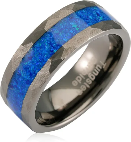 100S JEWELRY Anillo de tungsteno con incrustaciones de ópalo azul gris plomizo con borde martillado para hombres, hombres, él, alianza de boda,
