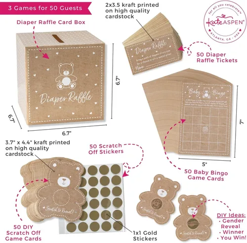 Miniatura 6 de Kate Aspen Rifa de pañales de oso Kraft, bingo y bricolaje para baby shower, juego de rascar (juego de 50), decoraciones de género neutro para baby