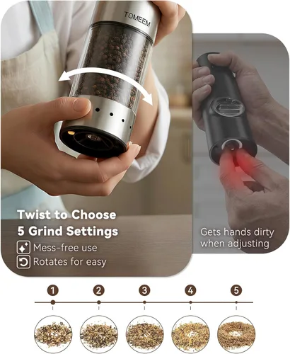 Miniatura 3 de TOMEEM Rechargeable Electric Salt and Pepper Grinder Set, 115ml Large Capacity Stainless Steel Automatic Pepper Mill with Storage Base, LED Display