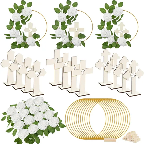 Miniatura 7 de Wesiti 48 piezas Centro de mesa para bautizo, decoración de mesa para primera comunión, 12 cruces de madera, 12 aros florales con soporte, 24 rosas