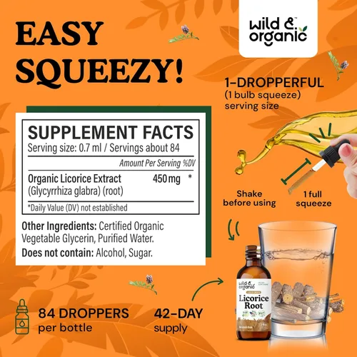 Miniatura 3 de Wild & Organic Tintura de Regaliz - Apoyo Digestivo - Gotas de Extracto de Raíz de Regaliz Puro - Glycyrrhiza Glabra - Suplemento Vegano, Sin Azúcar
