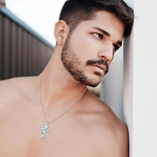 Miniatura 56 de Collar de cruz para hombre, piedras preciosas de color piedra natal de circonita cúbica, collar de acero inoxidable para hombre, cadena de 24
