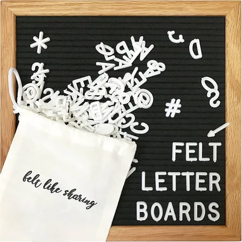 Felt Like Sharing Tablero de letras cuadrado (fieltro negro, 10 x 10 pulgadas), tablero de mensajes intercambiable con 3 juegos de letras de tablero