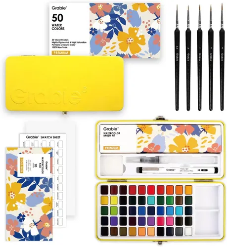 Grabie Juego de Pintura de Acuarela Todo en Uno Premium de 50 Colores - Pincel de Pintura de Detalle Incluido, Pinturas de Acuarela, Juegos de 50