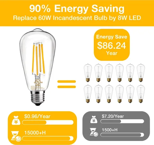 Miniatura 5 de DAYBETTER Paquete de 6 bombillas LED Edison vintage, bombilla LED regulable E26, equivalente a 60 vatios, bombillas de luz LED de filamento antiguo