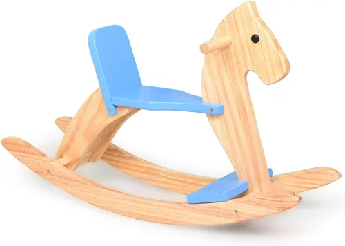 Caballo mecedor de madera para bebé, juguete para niños pequeños, diseño clásico con pedal y respaldo seguro para niños pequeños (azul)