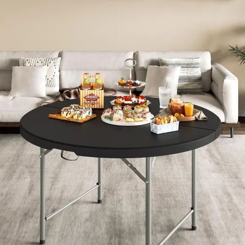 Miniatura 2 de Magshion Mesa plegable redonda de 48 pulgadas, mesa de plástico plegable de 4 pies con asa de transporte para exteriores, boda, fiesta, evento, Negro