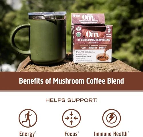 Miniatura 3 de Om Mushroom Superfood Mezcla de café en polvo de hongos, porción única, 10 unidades, granos arábica orgánicos, melena de león, cordyceps, cola