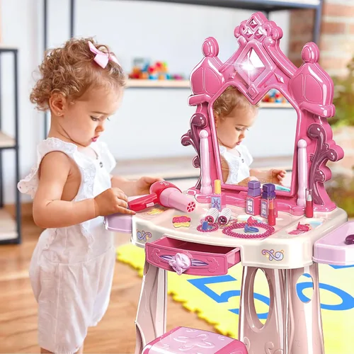 Miniatura 6 de Juego de mesa de maquillaje para niñas con taburete, juego de tocador para niños con luces y música, juego de salón de belleza para niños pequeños