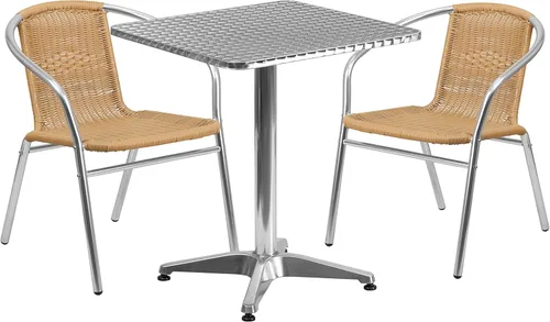 Flash Furniture Lila - Juego de mesa cuadrada de aluminio para interiores y exteriores de 23.5 pulgadas con 2 sillas de ratán beige