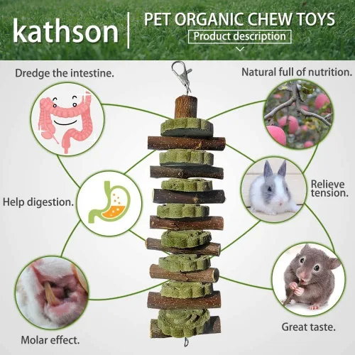 Miniatura 5 de kathson 3 piezas de juguetes masticables de conejo para rechinar dientes, golosinas de chinchilla palos de bambú orgánico ramas de madera de fruta