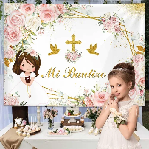 Miniatura 6 de MEHOFOND Mi Bautizo - Telón de fondo para niña, fondo de bautismo floral rosa con cruz dorada, fondo bohemio para bautizo de primera comunión, fondo