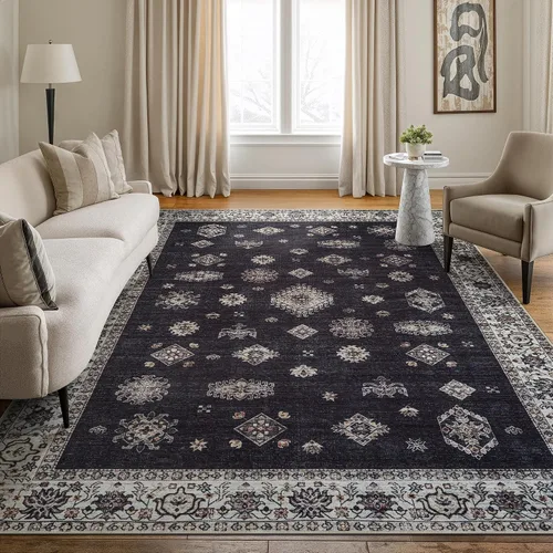 Miniatura 34 de Bloom Rugs - Alfombra lavable, antideslizante, de 1,83 x 2,74 m, color beige/blanco claro con borde tradicional, para sala de estar, dormitorio