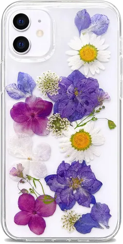 Abbery Funda transparente para iPhone 11 con diseño de flores moradas, bonita funda protectora de silicona suave TPU real seca prensada floral