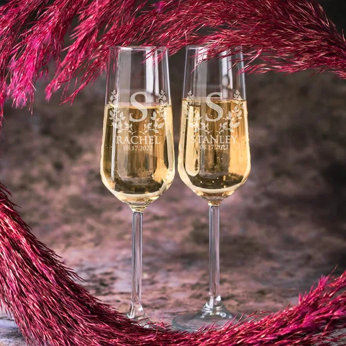 Miniatura 4 de Juego de 2 copas de champán personalizadas para boda, copas de champán personalizadas para nombres de novios y citas con hojas y corazón, Mr Mrs