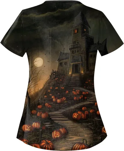 Miniatura 2 de Camisetas médicas de Halloween, talla grande, estampadas, manga corta, cuello irregular, uniforme de enfermería, divertida
