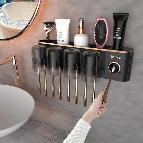 Miniatura 13 de iHave Portacepillos de dientes, accesorios de baño con dispensador de pasta de dientes, 3 tazas, soporte para cepillos de dientes, decoración