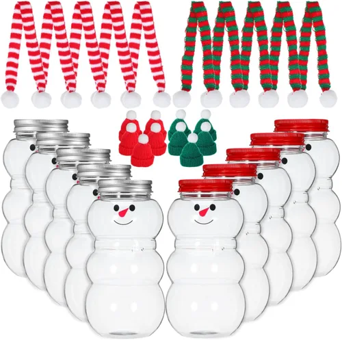 PRETYZOOM 10 juegos de botellas de jugo de muñeco de nieve con tapa, tarro de plástico transparente de Navidad con bufandas de punto, sombreros