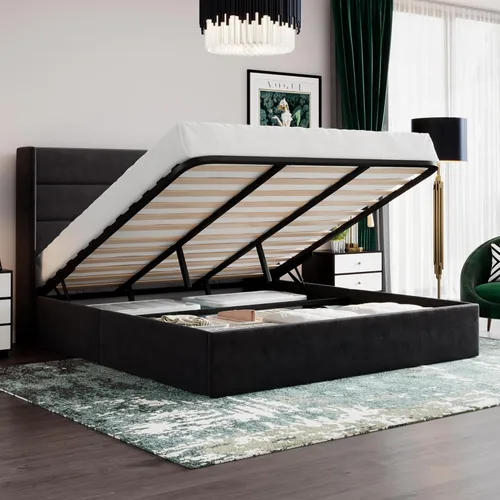 Miniatura 23 de SHA CERLIN - Cama de tamaño completo con almacenamiento elevado/Cabecero abatible moderno/Base de cama tapizada con plataforma/Almacenamiento Beige