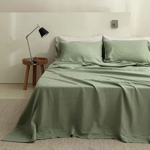 Miniatura 6 de Simple&Opulence Sábana bajera ajustable 100% lino tamaño matrimonial (1 pieza), funda de colchón de 14 pulgadas de profundidad de lino francés Verde