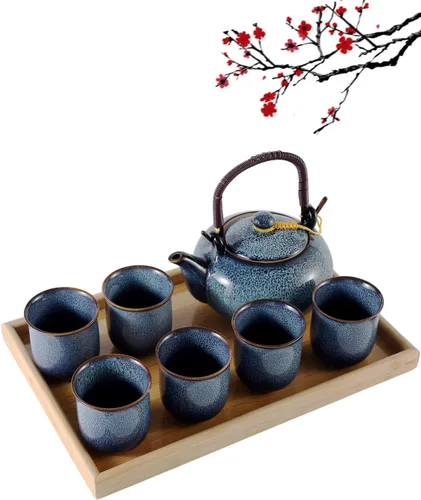Miniatura 8 de Dujust Juego de Té Japonés, Juego de Té de Porcelana Negra con 1 Tetera, 6 Tazas de Té, 1 Bandeja de Té, 1 Infusor de Acero Inoxidable, Hermosos
