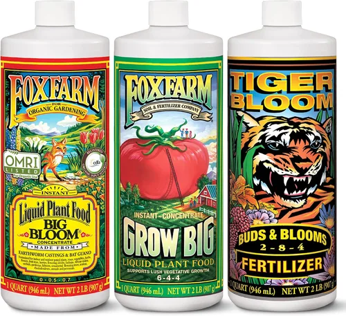 FoxFarm Fertilizer Soil Trio Liquid Nutrient: Tiger Bloom, Grow Big, Big Bloom - Botellas de cuarto de galón (paquete de 3-32 onzas)