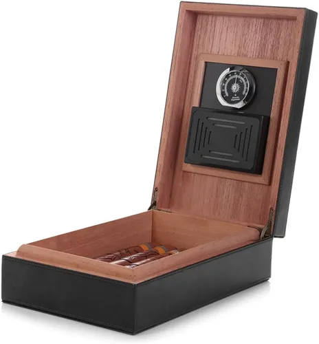 Humidor de puros, superficie de cuero hecho a mano, con revestimiento de madera de cedro español sólido real, caja de escritorio con higrómetro y
