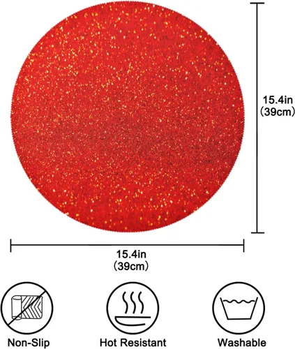 Miniatura 4 de Juego de 4 manteles individuales redondos de lentejuelas rojas con purpurina roja, juego de 4 manteles individuales de 15.4 pulgadas para cocina