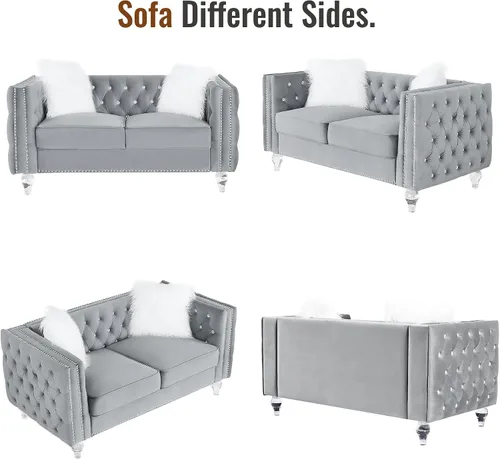 Miniatura 6 de Chesterfield - Sofá biplaza de lujo con patas acrílicas, sofás de 2 plazas, moderno de 59.84 pulgadas, con botones de diamante copetudo, con ribete