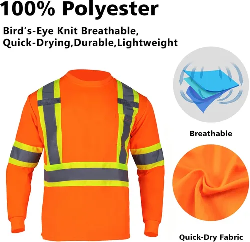 Miniatura 4 de VENDACE Camiseta de trabajo de seguridad de alta visibilidad para hombre, ANSI Clase 2, camisa de manga larga reflectante con bolsillo (naranja, 2XL)