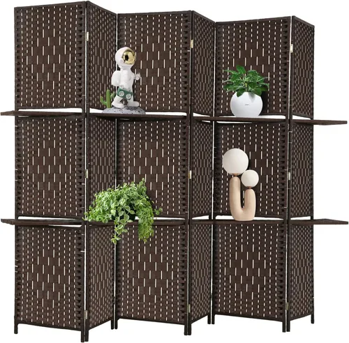 Miniatura 10 de Divisor de habitación de 4 paneles, divisor de pantalla de madera plegable, separador de partición de madera con estantes de almacenamiento