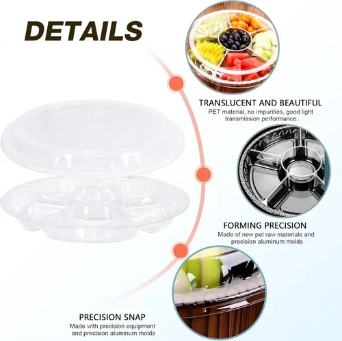 Miniatura 5 de 10 bandejas redondas de plástico para aperitivos con tapa, bandeja dividida para servir, bandejas desechables para almacenamiento de alimentos