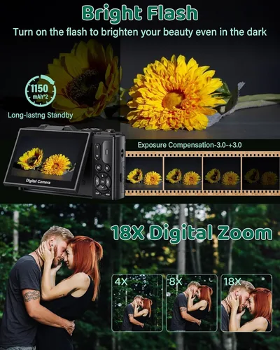 Miniatura 7 de Cámara digital 4K/5K - Cámara de vlogging UHD de 75MP para fotografía y video, WiFi, enfoque automático, pantalla abatible de 3 pulgadas, zoom 18X