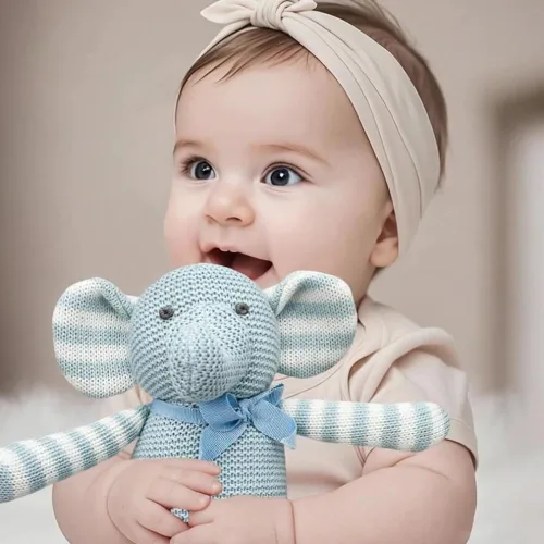 Miniatura 2 de FLUFFYFUN Elefante de Peluche 100% Algodón Orgánico para Bebé 18 cm Suave Juguetito Azul para Recién Nacido Elefante Azul