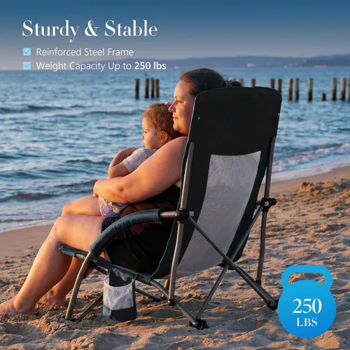 Miniatura 4 de DUMOS Silla de playa plegable para campamento, silla de playa ligera y baja portátil con soporte para tazas, bolsillo de almacenamiento, respaldo