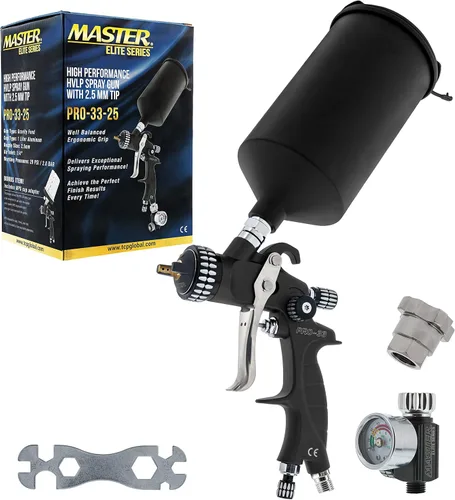 Pistola Pulverizadora de Pintura Master Elite de Alto Rendimiento PRO-33 HVLP con Punta de 2.5mm, Copa de 1L, Medidor Regulador, Adaptador MPS -