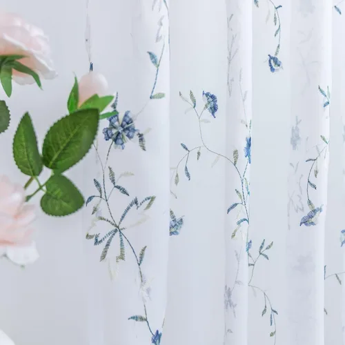 Miniatura 18 de Taisier Home Cortinas Traslúcidas Blancas Florales con Estampado de Flores y Bordado de Enredaderas para Dormitorio, Cortina con Bolsillo